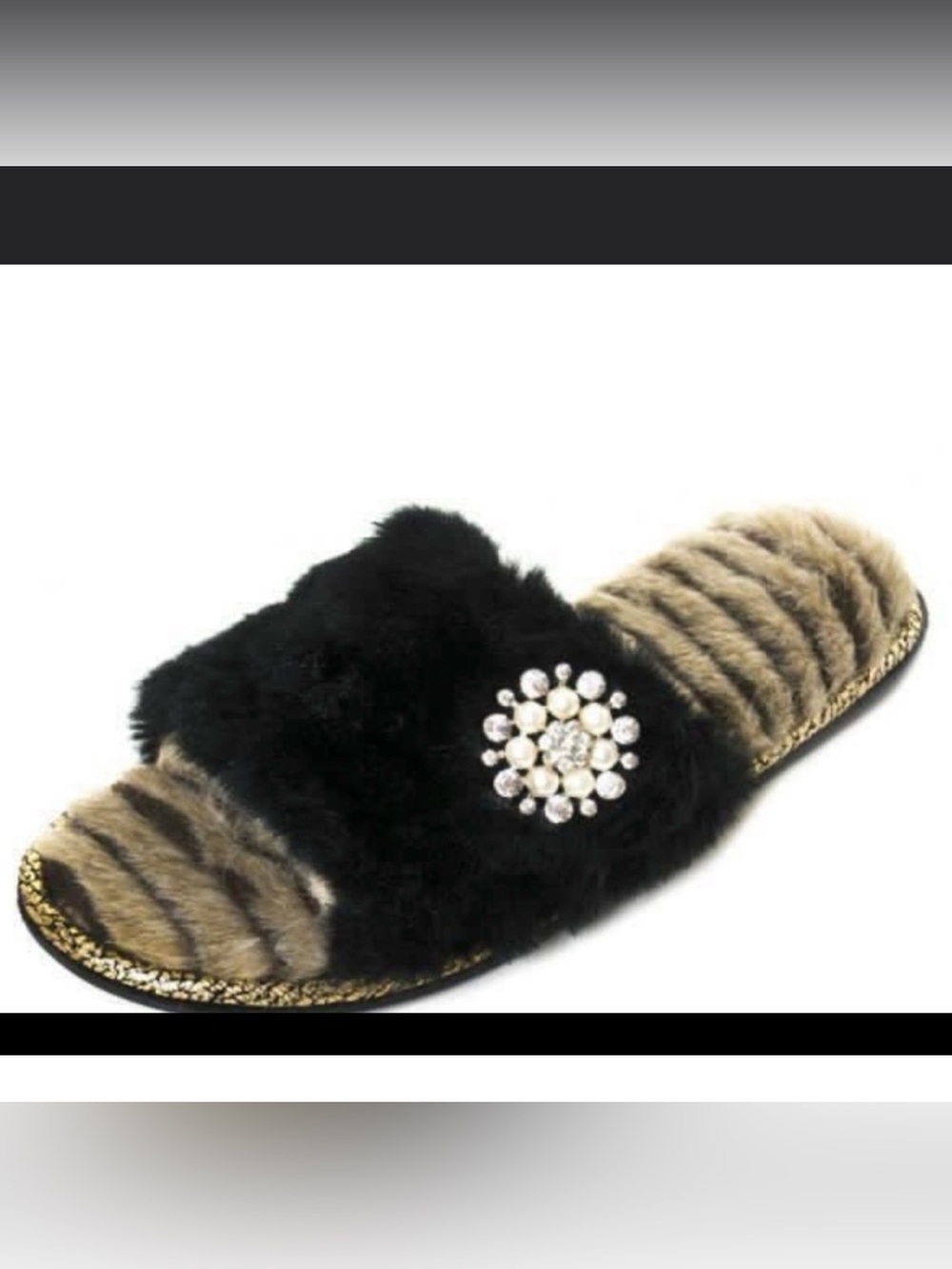 NWT Pretty You Size 5/6 Black Faux Fur Slippers with Pearl & Crystal Accent